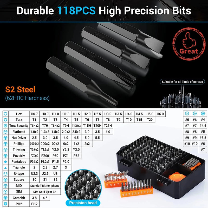 Conjunto de Chaves de Fenda Magnéticas – Kit de Bits Torx e Phillips WOZOBUY com Motor Elétrico, Chave Removedora e Ferramentas para Reparos em Celular e PC